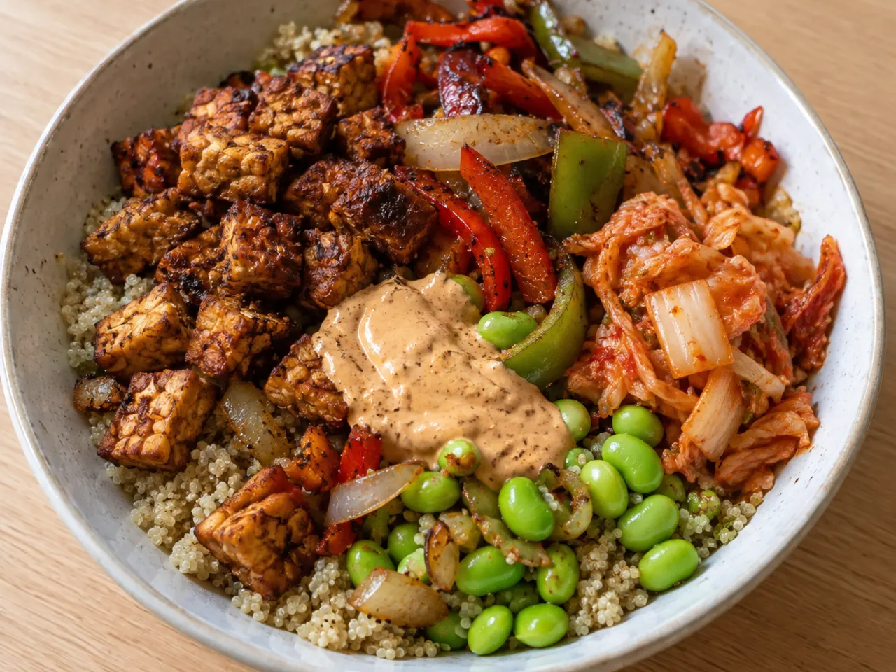 Smoky Tempeh Quinoa Bowls with Kimchi and Chipotle Cashew Sauce