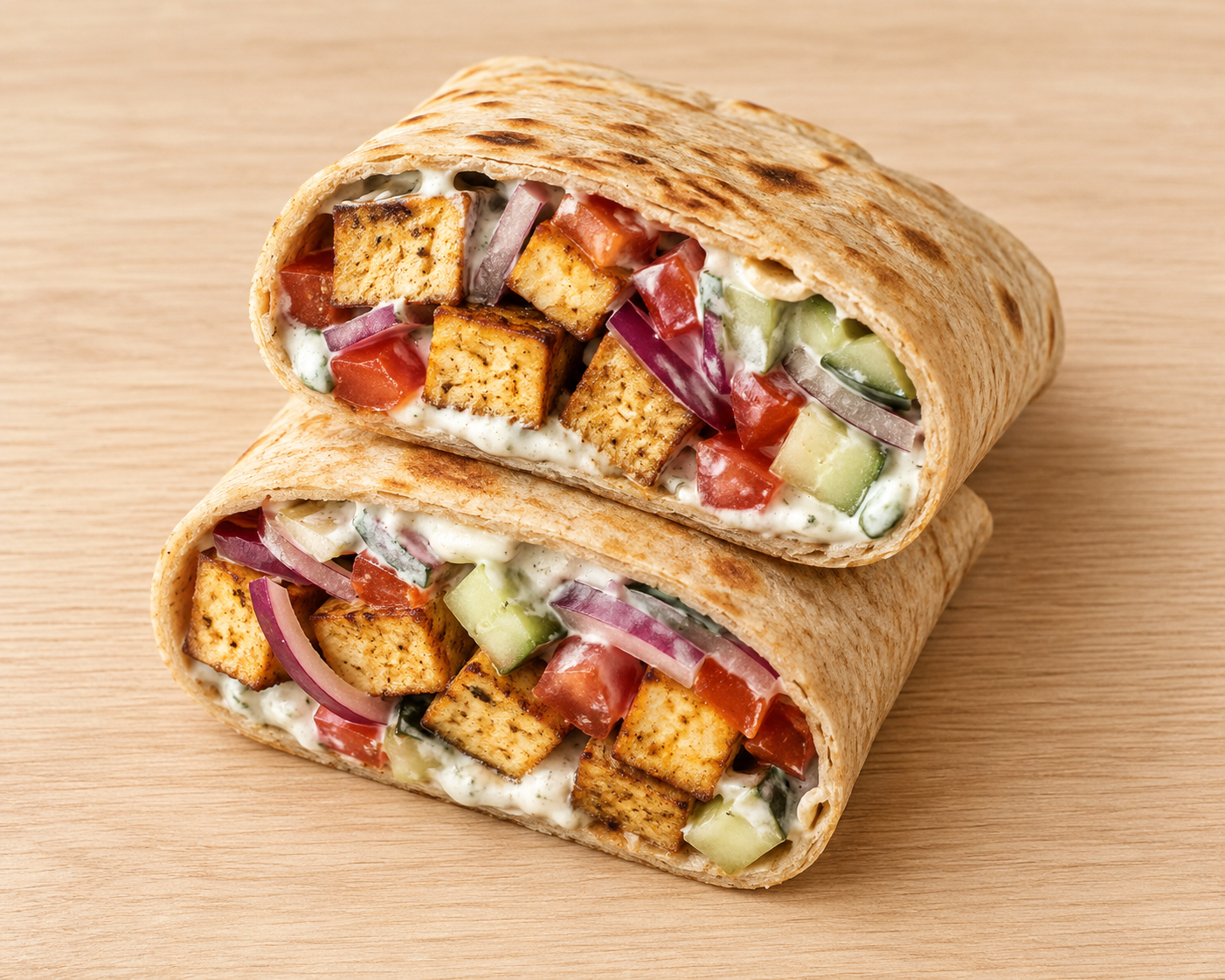 High protein Tex-Mex Tofu Lavash Wraps with Quick Tzatziki, Tomatoes and Red Onion