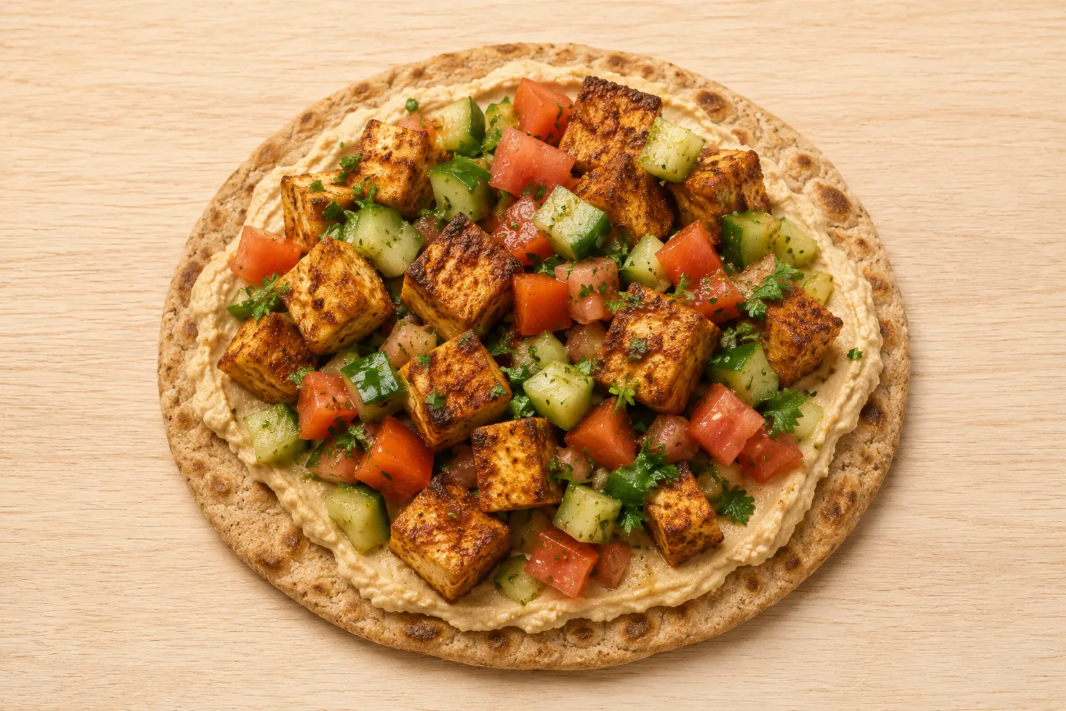 Skillet Flatbreads with Hummus, Smoky Tofu and Cucumber