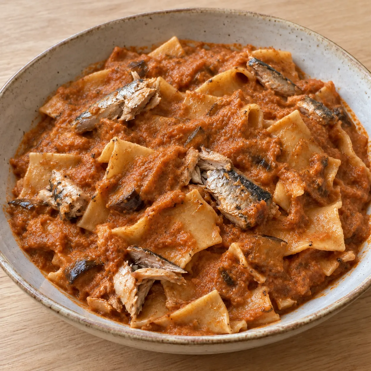 Rough-Cut Lasagna Pasta with Sardines and Roasted Eggplant Sauce