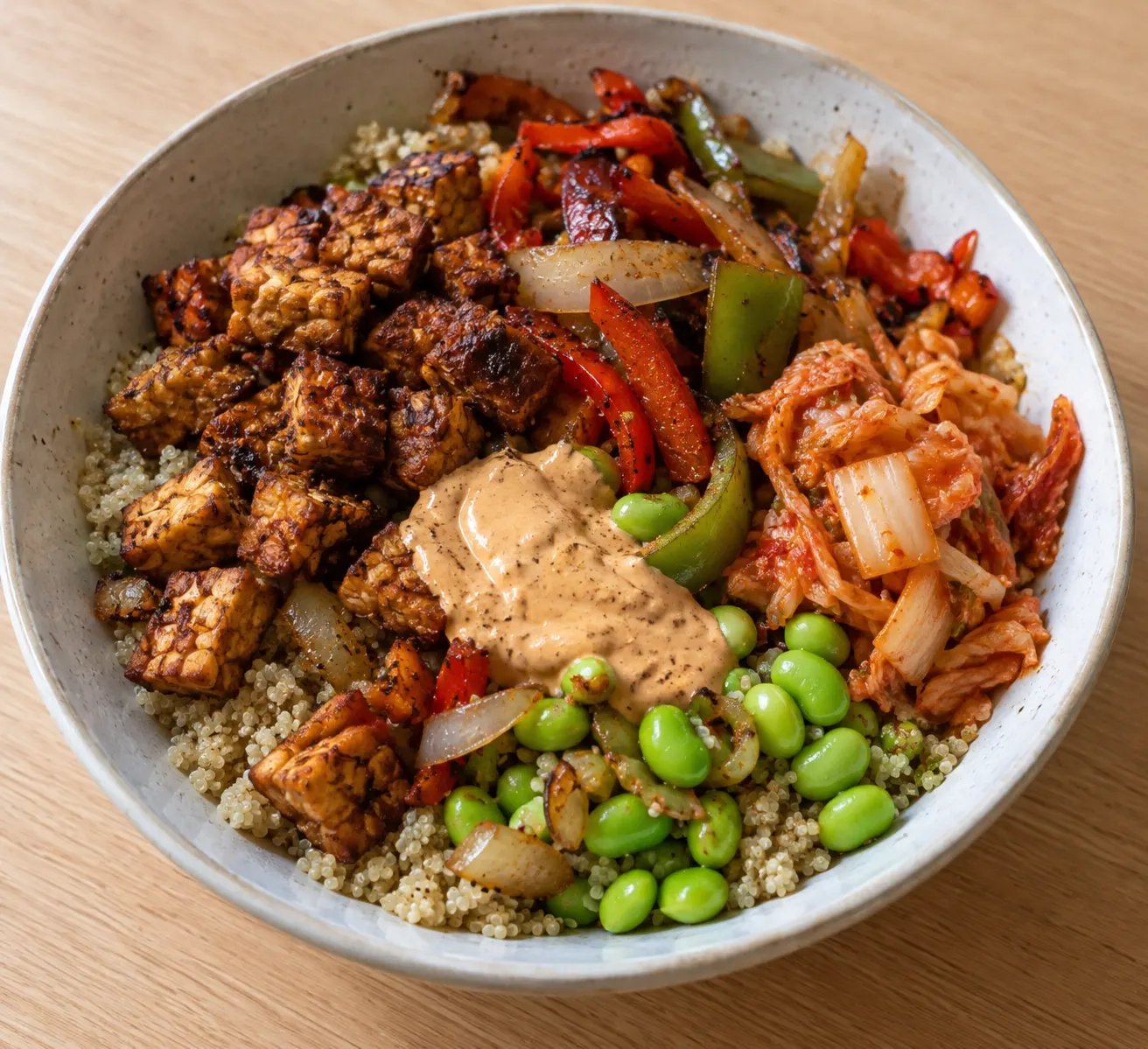 Smoky Tempeh Quinoa Bowls with Kimchi and Chipotle Cashew Sauce