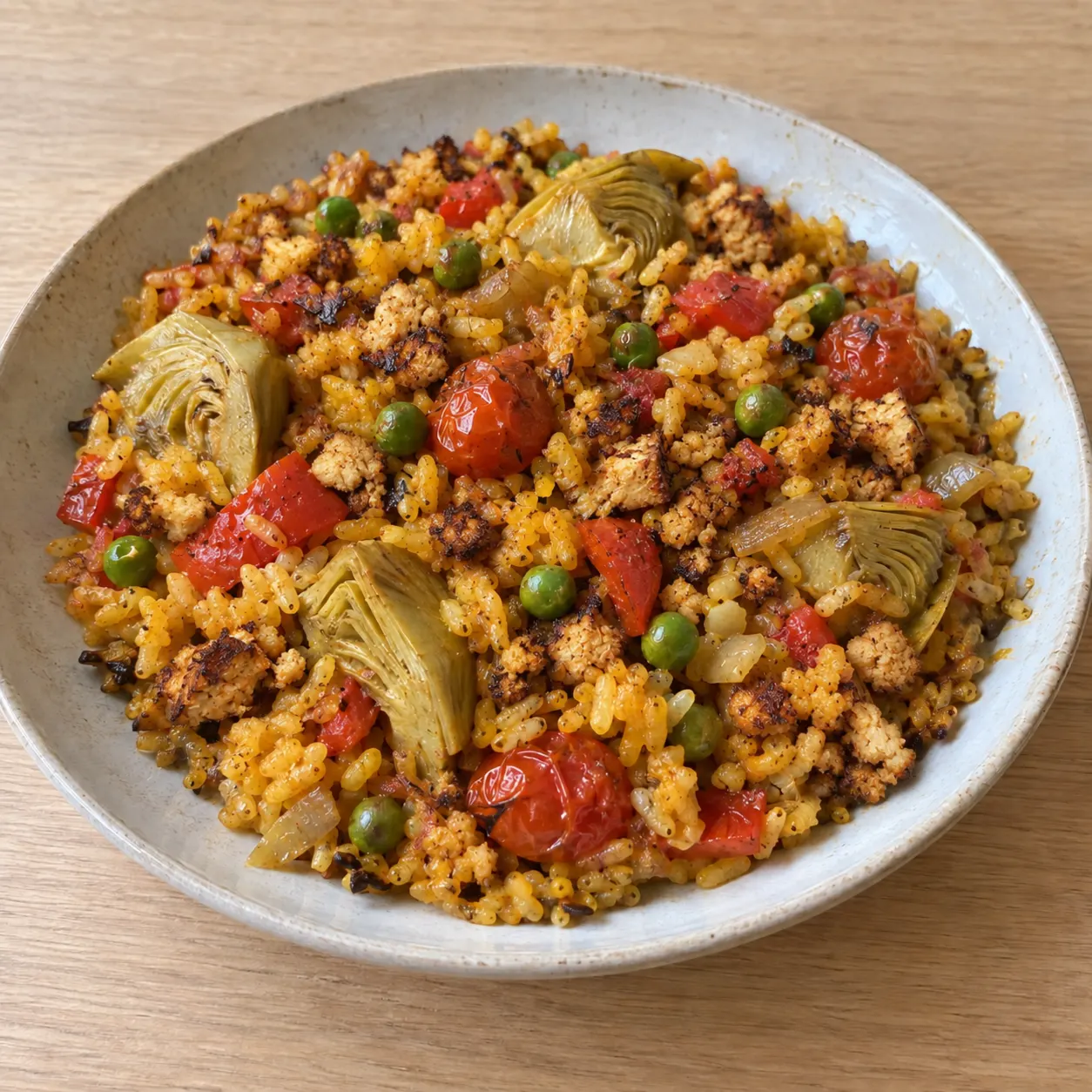 Vegan Paella with Smoked Tofu and Artichokes