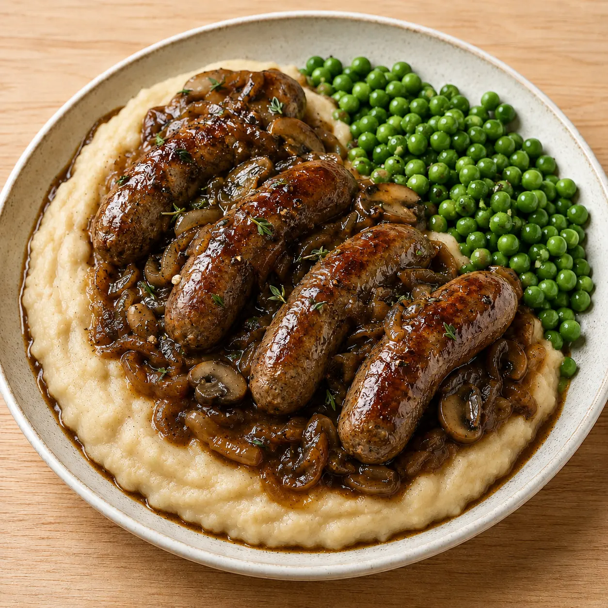 Bangers and Bean Mash with Onion-Mushroom Gravy