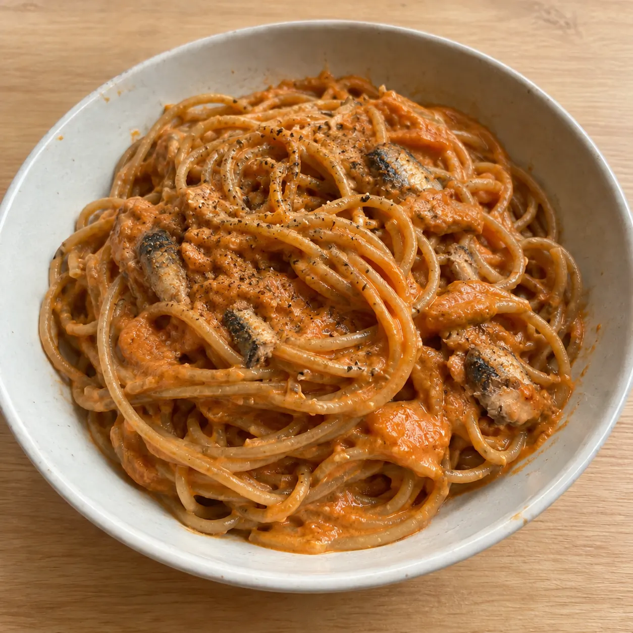 Whole-Wheat Spaghetti with Roasted Tomato Mascarpone Sauce and Sardines