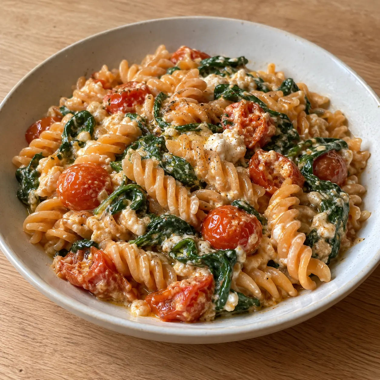 Creamy Red Lentil Pasta with Spinach, Cherry Tomatoes and Cottage Cheese