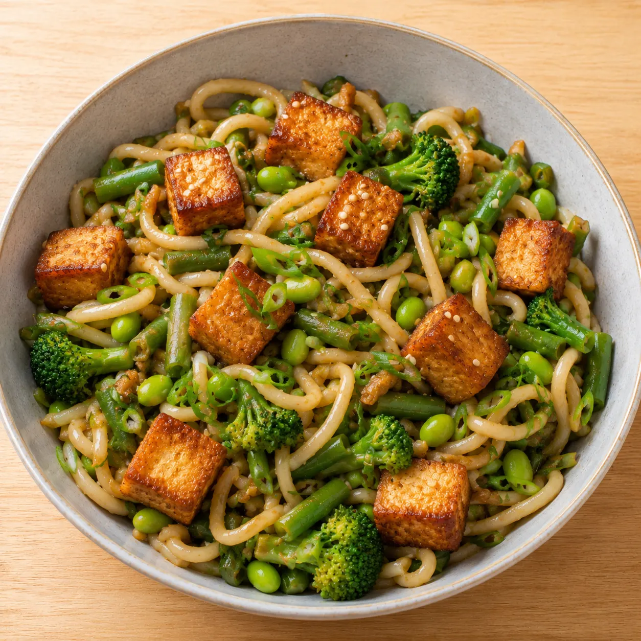 Crispy Tofu Udon with Edamame, Green Beans and Broccoli