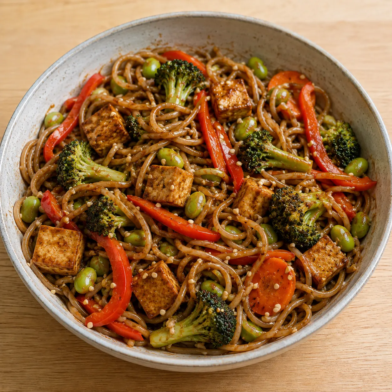 Whole Wheat Teriyaki Noodles with Tofu, Broccoli and Edamame