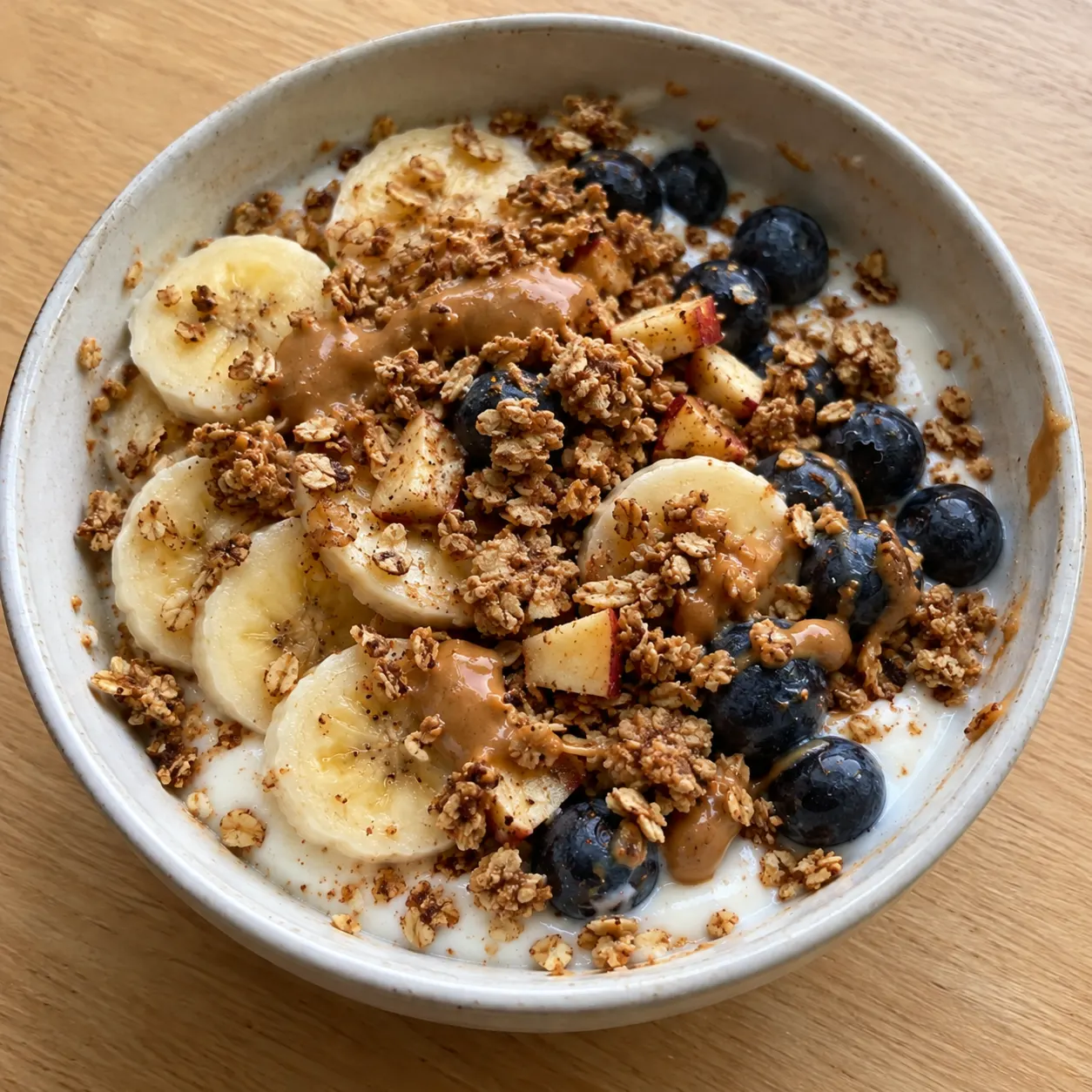 Soy Yogurt Protein Bowl with Banana, Blueberries and Peanut Butter