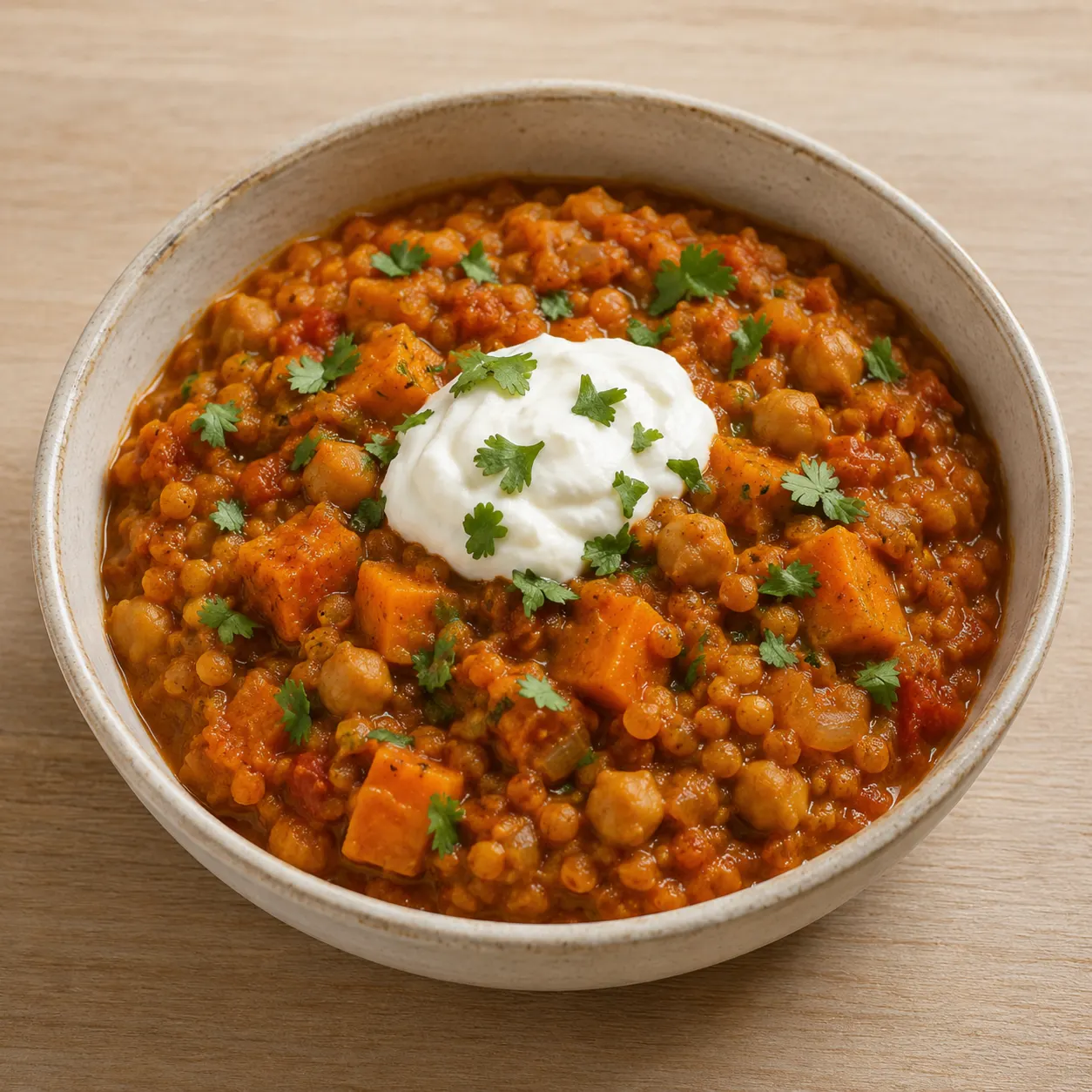 Red Lentil, Sweet Potato and Chickpea Curry with Greek Yogurt