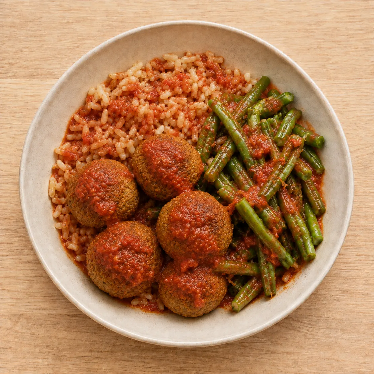 Lentil and Tofu Balls with Green Beans and Brown Rice