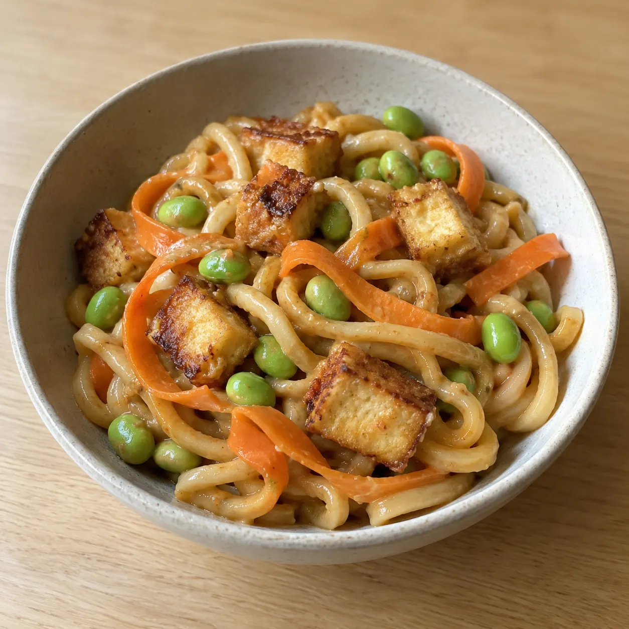 Peanut Udon with Crispy Tofu and Edamame