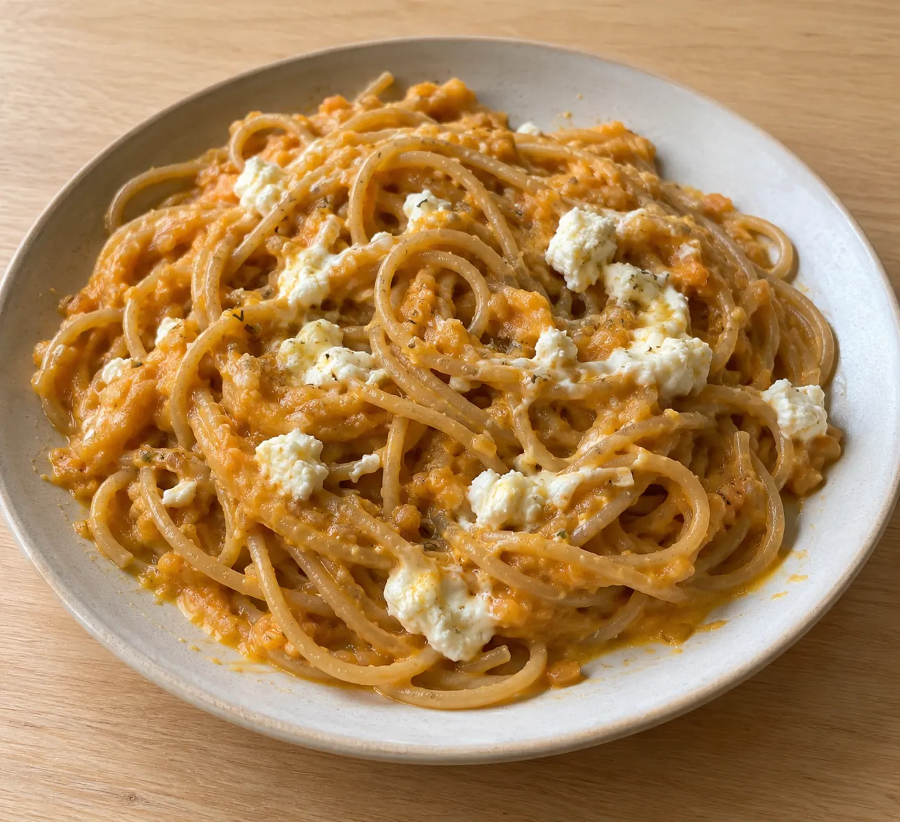 Pasta with Red Lentil-Parsnip Sauce and Goat Cheese
