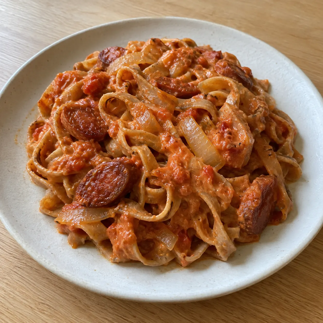 Whole Wheat Tagliatelle with Chorizo and Roasted Vegetable Oat Cream Sauce