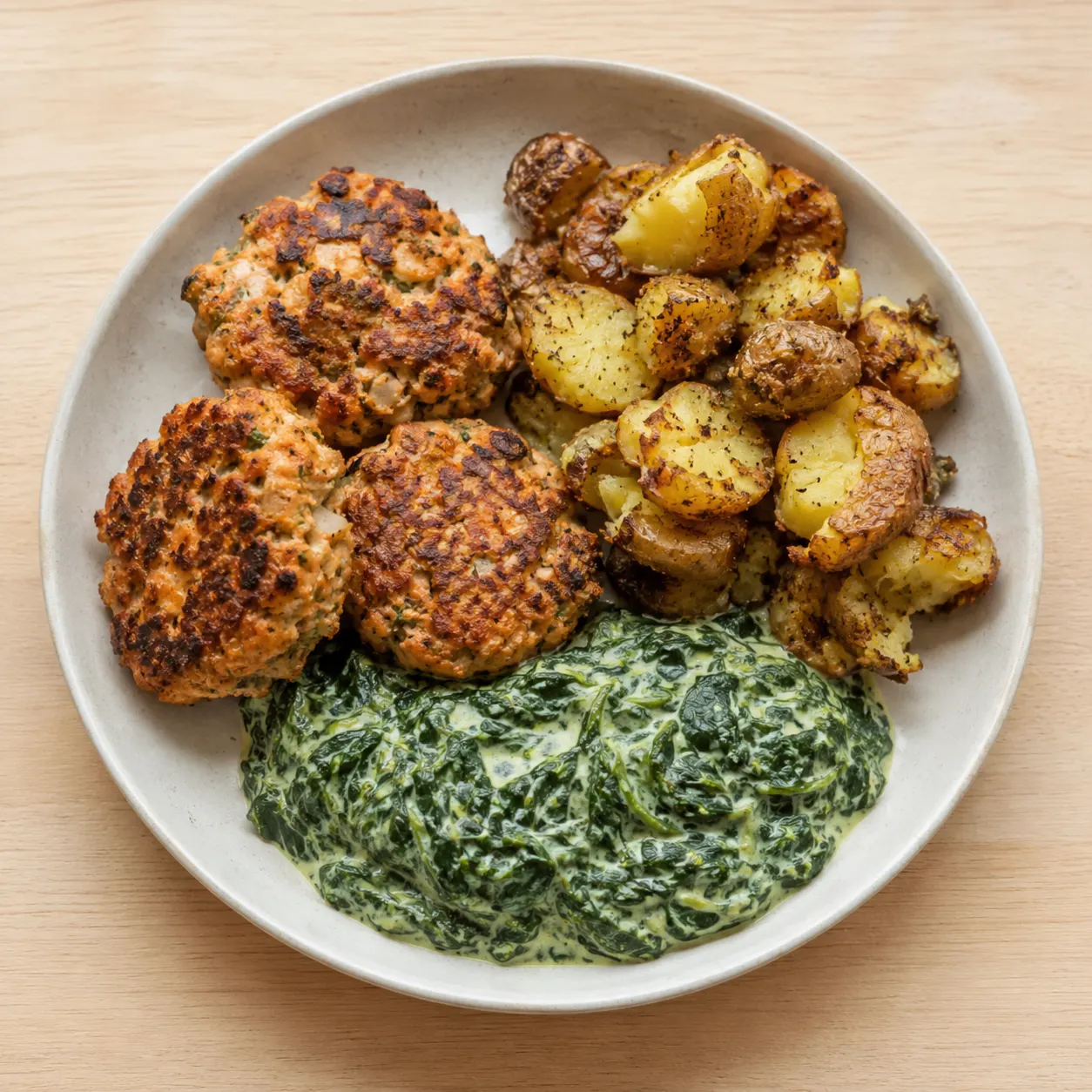 Lemon-Dill Salmon Patties with Creamed Spinach and Roasted Potatoes