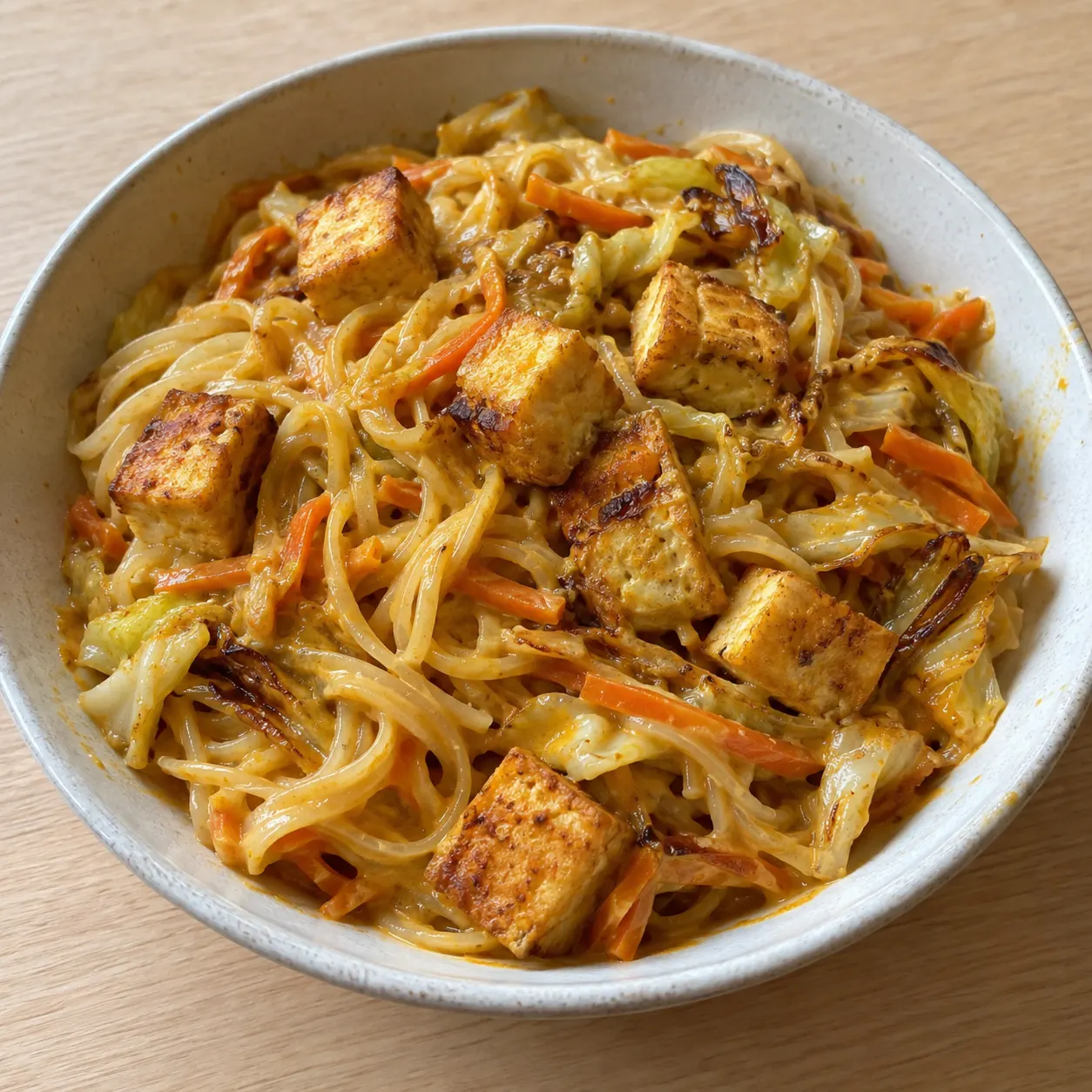 Thai-Style Curry Noodles with Caramelized Cabbage and Tofu