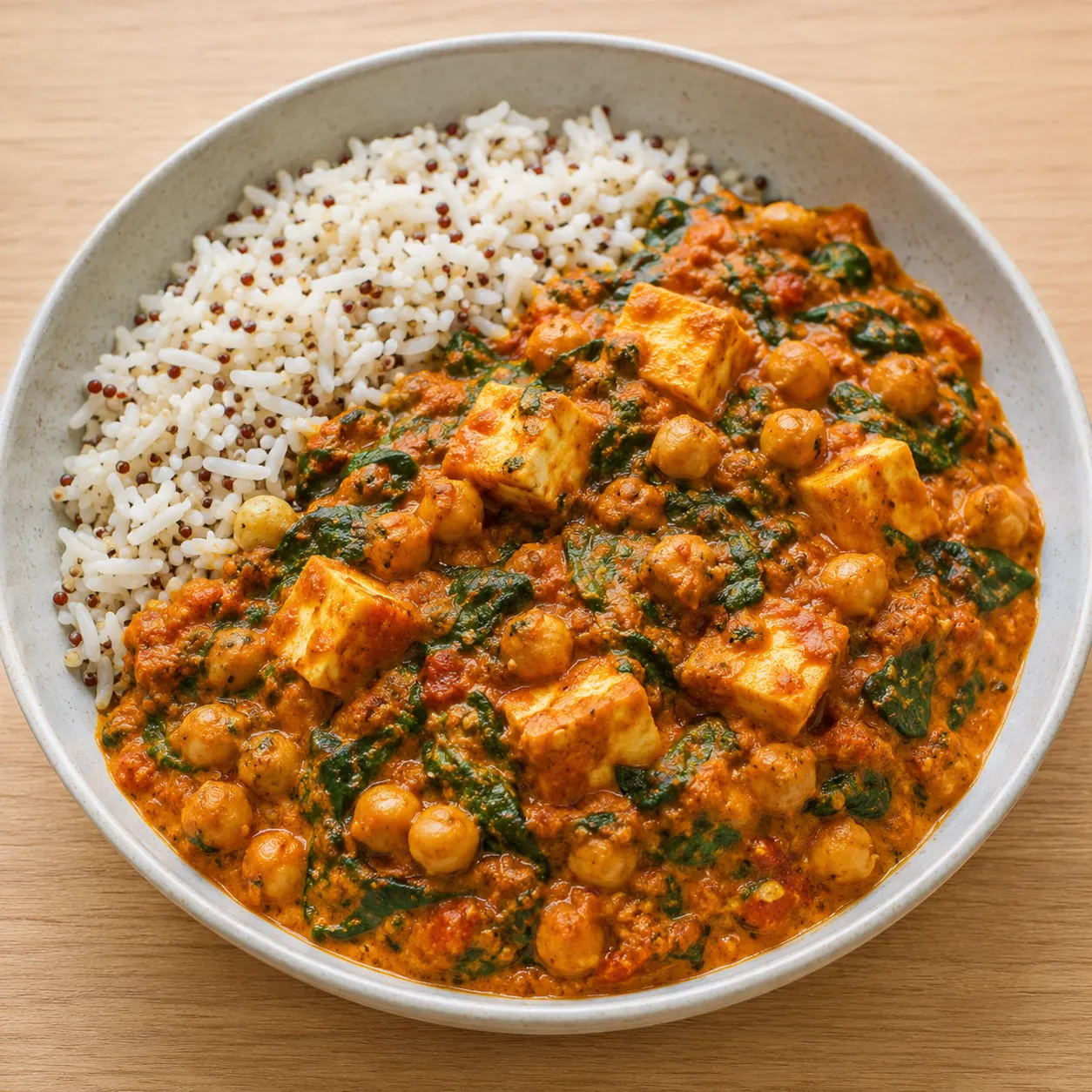 Chickpea, Spinach and Paneer Curry with Rice-Quinoa