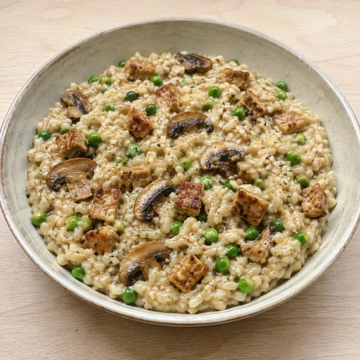 Brown Rice Risotto with Tempeh, Mushrooms and Peas
